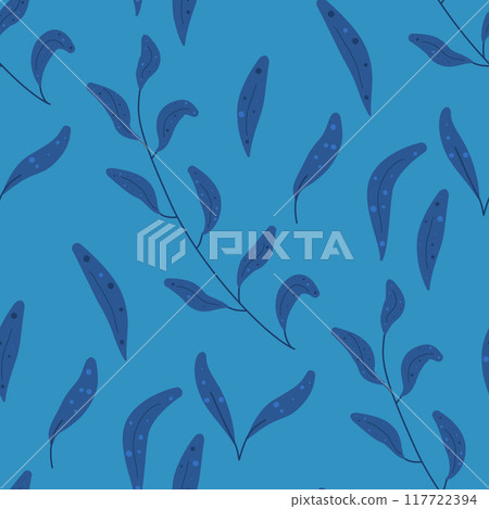 Leaves seamless pattern. Foliage monochrome endless background. Blue leaf and branch repeat cover. Simple continuous ornament. Vector hand drawn illustration. 117722394