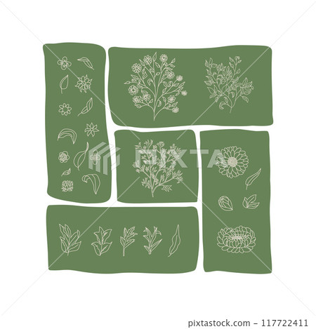 Patchwork design with various floral and botanical elements arranged in rectangular segments isolated on white background. Vector hand drawn illustration Patchwork design with various floral and botanical elements arranged in rectangular segments isolated on white background. Vector hand drawn illustration 117722411