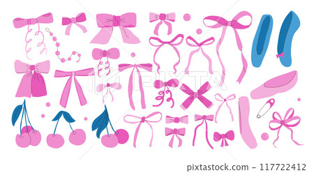 Pink bows, ballet shoes and cherry set. Coquette aesthetic kit. Vector hand drawn bow knot flat collection illustration isolated on white background. 117722412