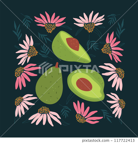 Avocado and coneflowers dark poster. Flowers and fruits background card. Vector hand drawn illustration Avocado and coneflowers dark poster. Flowers and fruits background card. Vector hand drawn illustration 117722413