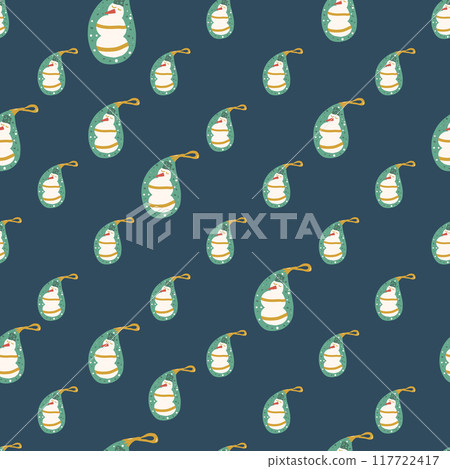 Snowman seamless pattern. Christmas Glass baubles repeat background. Paisley shape toy retro holiday season surface pattern design. Vector hand drawn illustration. 117722417