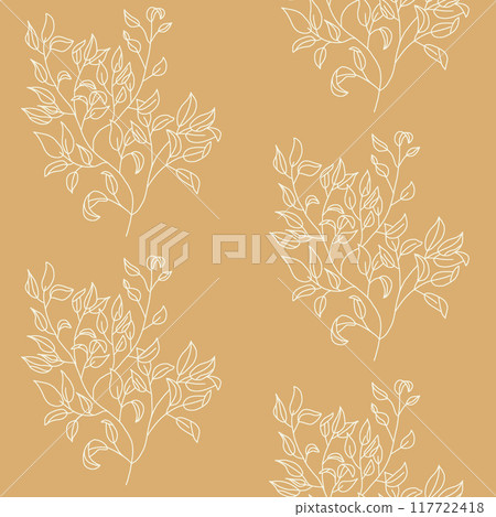 Seamless floral pattern with delicate foliage. Lace tree branch continuous ornament. Vector hand drawn stroke illustration. Seamless floral pattern with delicate foliage. Lace tree branch continuous ornament. Vector hand drawn stroke illustration. 117722418