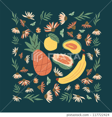 Pineapple, banana and wildflowers poster. Peach, guava and mango banner. Flowers and fruits background card. Vector hand drawn illustration Pineapple, banana and wildflowers poster. Peach, guava and mango banner. Flowers and fruits background card. Vector hand drawn illustration 117722424
