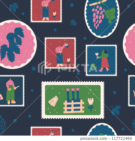 Wine lovers seamless pattern. Geometric drink emblem repeat background. Winery tasting event retro post stamps endless design. Vector hand drawn illustration. Wine lovers seamless pattern. Geometric drink emblem repeat background. Winery tasting event retro post stamps endless design. Vector hand drawn illustration. 117722469