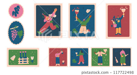 Set of stamps with wine lovers in a whimsical style. Young characters with bottles and wineglasses. Vector hand drawn flat collection 117722498