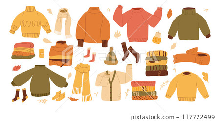 Autumnal sweaters, scarves, socks, and warm accessories set. Fall cozy clothes kit. Hugge and staycation concept. Vector hand drawn collection illustration isolated on white background. Autumnal sweaters, scarves, socks, and warm accessories set. Fall cozy clothes kit. Hugge and staycation concept. Vector hand drawn collection illustration isolated on white background. 117722499
