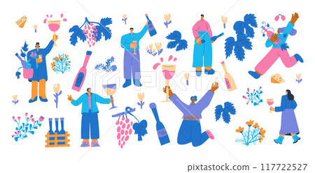 Wine Festival Set. People with wineglasses and bottles kit. Cute characters with alcohol beverage. Vector hand drawn collection illustration isolated on white background. 117722527