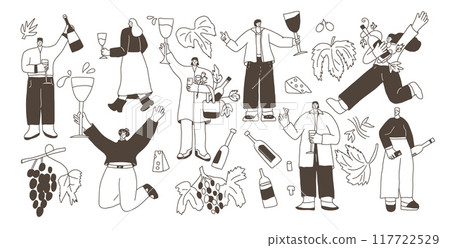 Set of wine lovers. People in wine festival kit. Cute characters with wineglass. Vector hand drawn doodle collection illustration isolated on white background. 117722529