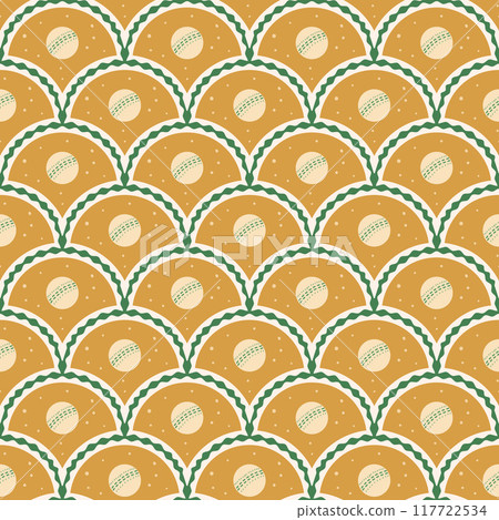 Cricket ball scallop seamless pattern. Sport arch repeat background. Cricket equipment retro endless yellow backdrop. Vector hand drawn illustration. 117722534