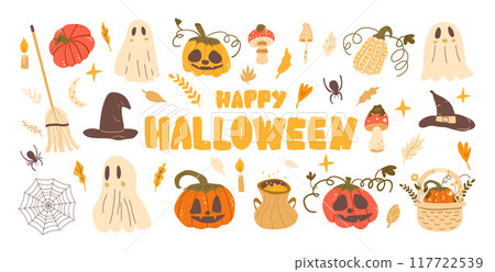 Set of Happy Halloween with lettering. Pumpkins, ghosts, witch hats and others kit. Collection of autumn festive elements. Vector hand drawn illustration isolated on white background. 117722539