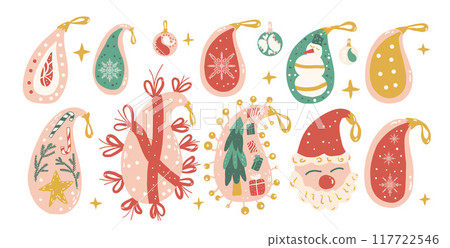 Set of Christmas baubles. Happy New Years and Xmas balls and decoration kit. Vector hand drawn collection illustration isolated on white background. 117722546