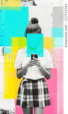 Collage of student girl with opened book head, holding phone in her hands 117722562