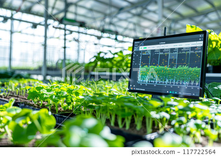 Hydroponic farm with IoT analytics dashboard on display, monitoring nutrient levels in water, fusion of technology and modern farming 117722564