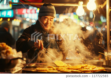 Middle-aged male street food vendor frying hotteok on a hot griddle at night market 117722565