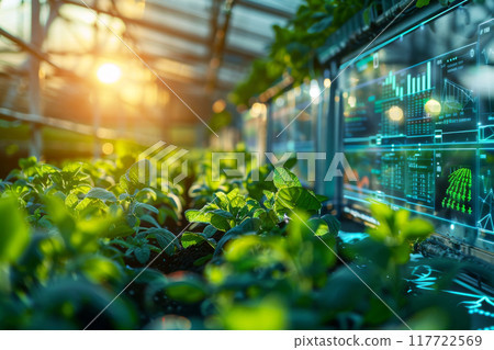 Greenhouse fitted with IoT climate control systems ensuring optimal plant growth, rows of flourishing plants, controlled environment agriculture 117722569