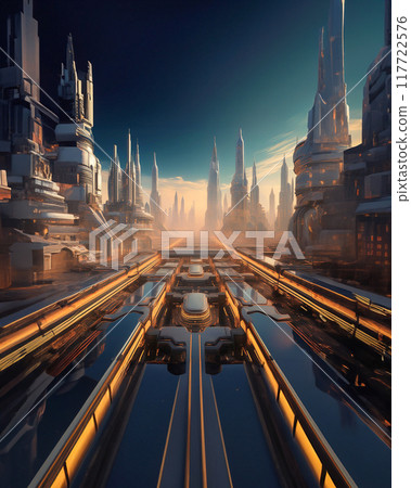 Illustration of a city made of gears and machines 117722576