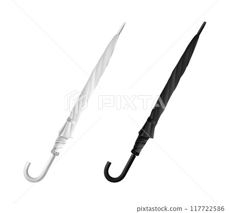 Realistic umbrella. Cane parasol mockup. Closed waterproof foldable sun canopy. Black or white stylish accessories. Automatic tents. Rain protection cover. Vector 3D stylish objects set 117722586