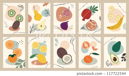 Tropical fruits. Exotic food. Fresh juicy products. Half and whole pomegranates. Abstract doodle shapes. Sweet bananas. Ripe oranges. Delicious coconuts and avocados. Vector banners set 117722594