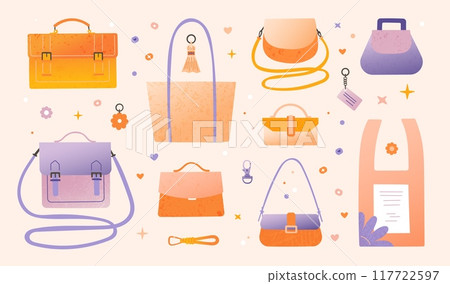 Tote bag. Fashionable purse. Handbag and female style crossbody. Trendy clutch. Modern leather shopper. Fashion accessory. Hobo and briefcase. Shopping packet. Vector glamour clothing set Tote bag. Fashionable purse. Handbag and female style crossbody. Trendy clutch. Modern leather shopper. Fashion accessory. Hobo and briefcase. Shopping packet. Vector glamour clothing set 117722597