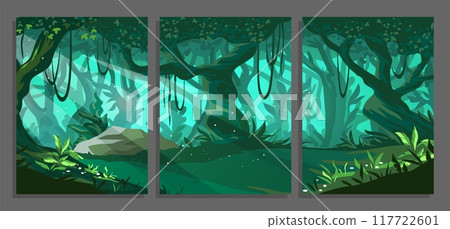 Jungle landscape. Wild forest. Tree trunks and lianas. Tropical nature. Green leaves. Rainforest foliage. Summer mystical scenery. Branches greenery. Vector panorama backgrounds set 117722601