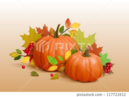 Autumn pumpkins. Happy thanksgiving day design composition, fall food background with halloween party, november maple leaves and berries, leaf harvest. Isolated 3d render vector banner Autumn pumpkins. Happy thanksgiving day design composition, fall food background with halloween party, november maple leaves and berries, leaf harvest. Isolated 3d render vector banner 117722612