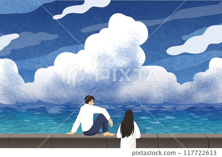 Summer trip. People looking at ocean landscape. Sky clouds. Water waves. Aesthetic scenery. Couple on embankment. Man and woman admiring seascape. Vector creative texture wallpaper Summer trip. People looking at ocean landscape. Sky clouds. Water waves. Aesthetic scenery. Couple on embankment. Man and woman admiring seascape. Vector creative texture wallpaper 117722613