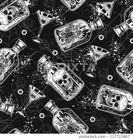 Pattern with bottle with potion with human skull inside, martini glass with poisonous cocktail. Distorted spiderweb with crawling spiders on background. Halloween creepy graphics Pattern with bottle with potion with human skull inside, martini glass with poisonous cocktail. Distorted spiderweb with crawling spiders on background. Halloween creepy graphics 117722667