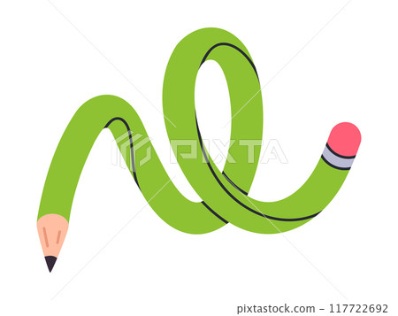 Cartoon funky twisted pencil. Comic twisted pencil, curved intertwined pencil, cute school supply flat vector illustration. Funny simple pencil on white Cartoon funky twisted pencil. Comic twisted pencil, curved intertwined pencil, cute school supply flat vector illustration. Funny simple pencil on white 117722692