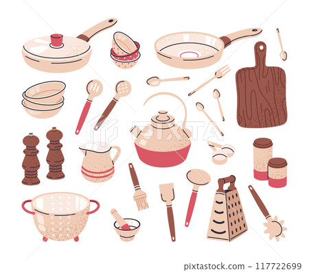 Cooking kitchen supplies. Hand drawn kitchen utensils, cutting board, pots and frying pan isolated flat vector illustration set. Cartoon cooking tools on white Cooking kitchen supplies. Hand drawn kitchen utensils, cutting board, pots and frying pan isolated flat vector illustration set. Cartoon cooking tools on white 117722699