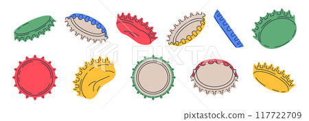 Glassware bottle caps. Metallic beer, soda or lemonade bottle caps, metallic lid for glass containers with refreshing beverages flat vector illustration set. Cartoon metal caps Glassware bottle caps. Metallic beer, soda or lemonade bottle caps, metallic lid for glass containers with refreshing beverages flat vector illustration set. Cartoon metal caps 117722709