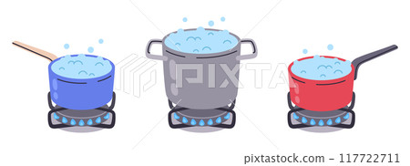 Pots of boiling water. Kitchen food preparing on gas burners, boiling water on stove flat vector illustration set. Dinner or breakfast cooking on gas stove 117722711