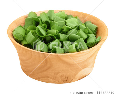 Green onion in wooden bowl isolated on the white background with full depth of field 117722859
