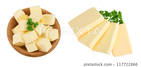 butter cubes in wooden bowl isolated on white background with full depth of field. Top view. Flat lay butter cubes in wooden bowl isolated on white background with full depth of field. Top view. Flat lay 117722866