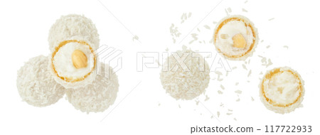 round candy raffaello with coconut flakes and nut isolated on white background. Top view. Flat lay. round candy raffaello with coconut flakes and nut isolated on white background. Top view. Flat lay. 117722933