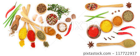 mix of spices in wooden spoon isolated on a white background. Top view. Flat lay. Set or collection mix of spices in wooden spoon isolated on a white background. Top view. Flat lay. Set or collection 117722937