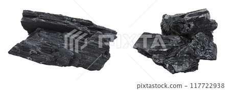 Natural wooden charcoal isolated on white background with full depth of field 117722938