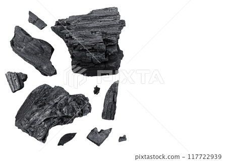 Natural wooden charcoal isolated on white background with full depth of field. Top view with copy space for your text. Flat lay 117722939