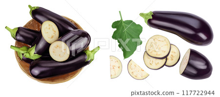 eggplant in a wicker basket isolated on white background with full depth of field. Top view. Flat lay 117722944