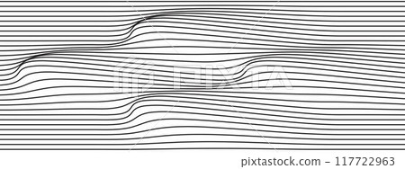 Black curvy lines on white background. Winding stripes pattern. Simple water ripples print. Sea, ocean, mountain or hills waving relief linear design. Vector graphic illustration 117722963