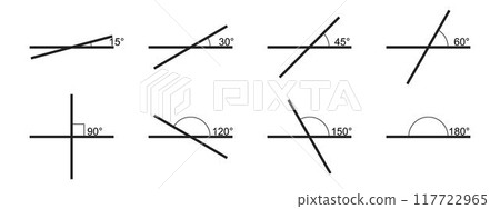 Set of different angle degree icons. Collection of protractor values. Geometric or trigonometric corner measurements. Mathematics symbols isolated on white background. Vector graphic illustration 117722965
