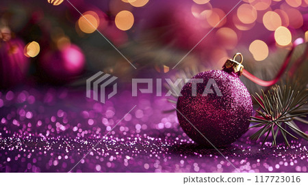 Violet holiday background with Christmas toys balls and shine glitter. New year design Violet holiday background with Christmas toys balls and shine glitter. New year design 117723016