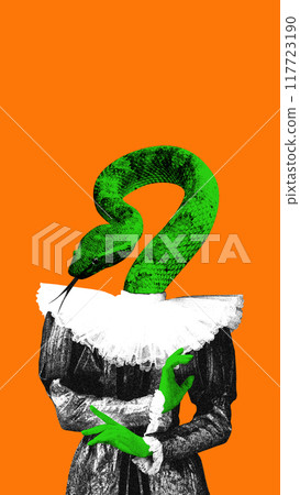 Female figure with green snake head, dressed in Victorian-style clothing, set against bright orange background. Supernatural medieval times. Contemporary art collage. 117723190