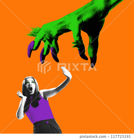 Terrified woman screaming as giant green monster hand with purple claws reaching down towards her, against orange background. Moment of horror. Contemporary art collage. Terrified woman screaming as giant green monster hand with purple claws reaching down towards her, against orange background. Moment of horror. Contemporary art collage. 117723191
