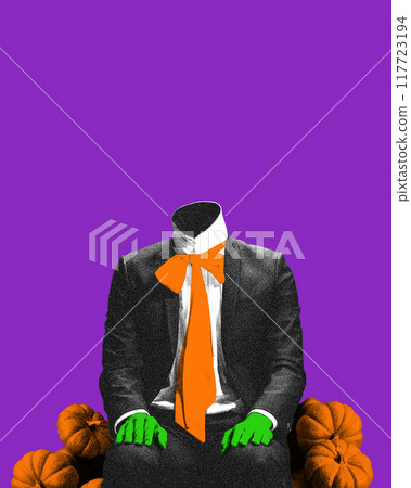 Headless figure in suit with green hands and orange tie, sitting among pumpkins, set against purple background. Contemporary art collage. 117723194