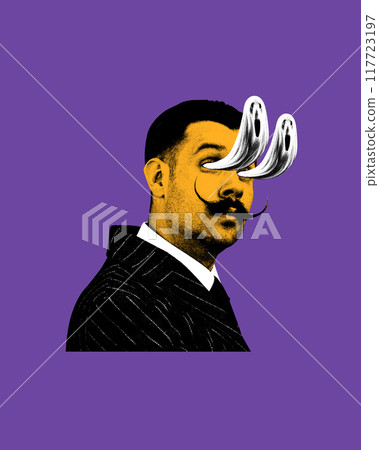 Distinguished man with moustaches and ghostly figures emerging from his eyes, creating surreal and humorous twist, set against purple background. Contemporary art collage. Distinguished man with moustaches and ghostly figures emerging from his eyes, creating surreal and humorous twist, set against purple background. Contemporary art collage. 117723197
