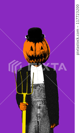 Scarecrow-like character with carved pumpkin head, dressed in overalls and bowler hat, holding yellow pitchfork against purple background. Contemporary art collage. Scarecrow-like character with carved pumpkin head, dressed in overalls and bowler hat, holding yellow pitchfork against purple background. Contemporary art collage. 117723200