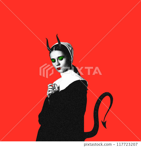Provocative vibe. Woman in image of nun with demonic horns and tail, blending innocence with dark temptation against red background. Contemporary art collage. Provocative vibe. Woman in image of nun with demonic horns and tail, blending innocence with dark temptation against red background. Contemporary art collage. 117723207
