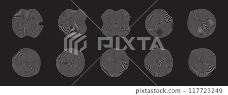 White wavy concentric circles on black background. Pulse, sound or ripple icons. Cyberpunk soundwave signs. Dynamic, motion or flow symbols. Trendy futuristic shapes. Vector graphic illustration White wavy concentric circles on black background. Pulse, sound or ripple icons. Cyberpunk soundwave signs. Dynamic, motion or flow symbols. Trendy futuristic shapes. Vector graphic illustration 117723249