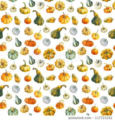 Seamless pattern of bright autumn painted pumpkins. 117723282