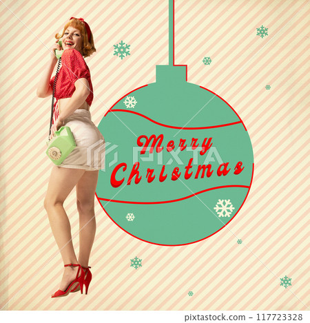 Merry Christmas greetings. Joyful young woman in red top and heels with vintage phone. 1950s holiday charm. Contemporary art collage. 117723328